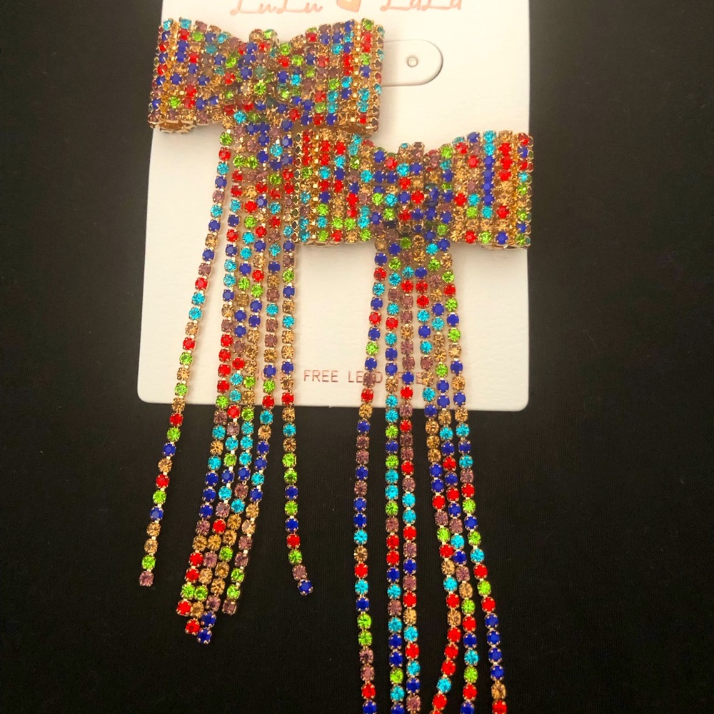 (NEW) Bedazzled Rhinestone Dangle Bow Earrings